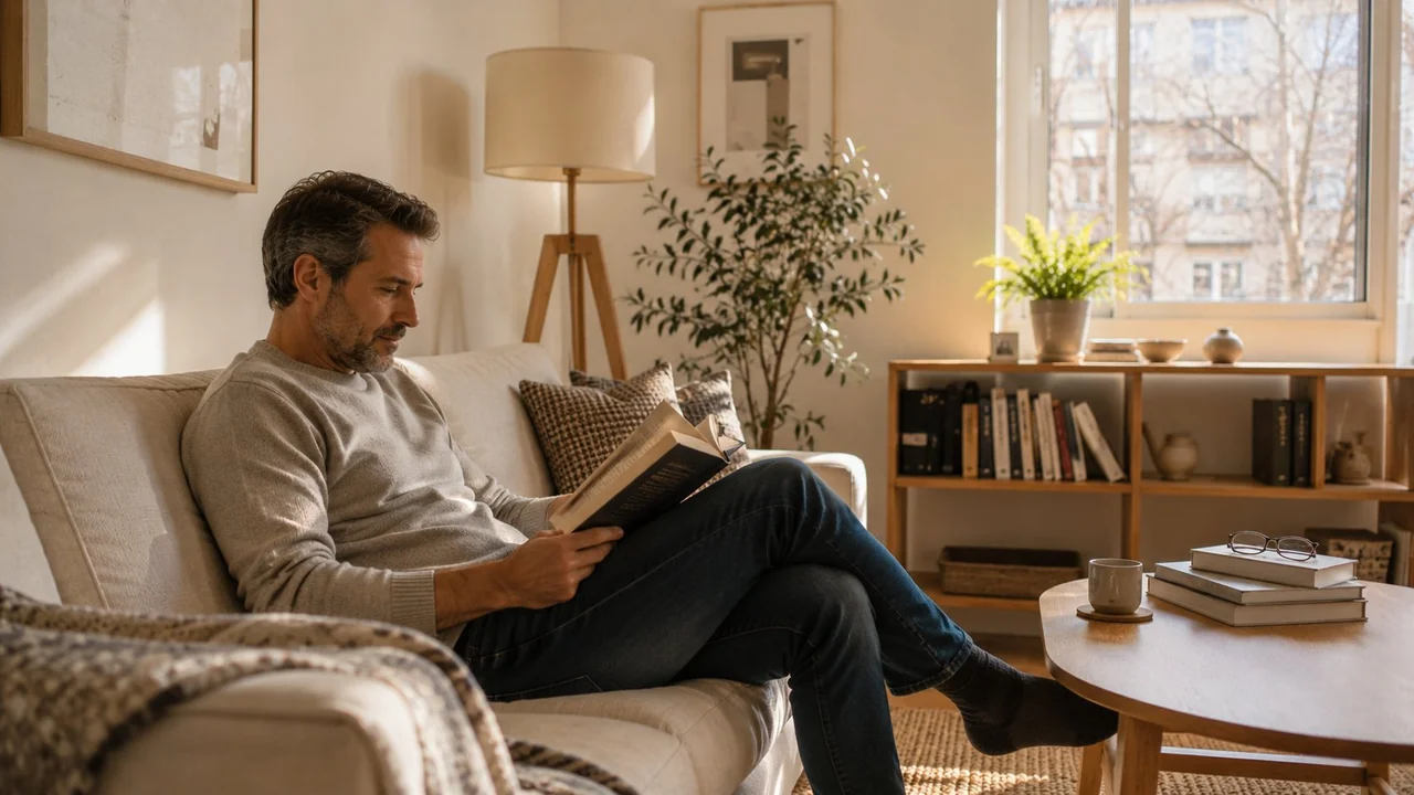 Hombre leyendo en sofá de salón moderno calculando el coste del alquiler en los años