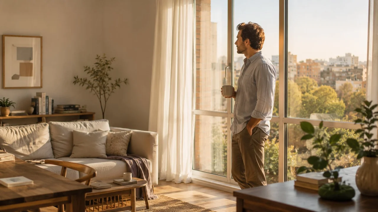 Hombre mirando la ciudad desde ventana de apartamento pensando cuándo comprar vivienda
