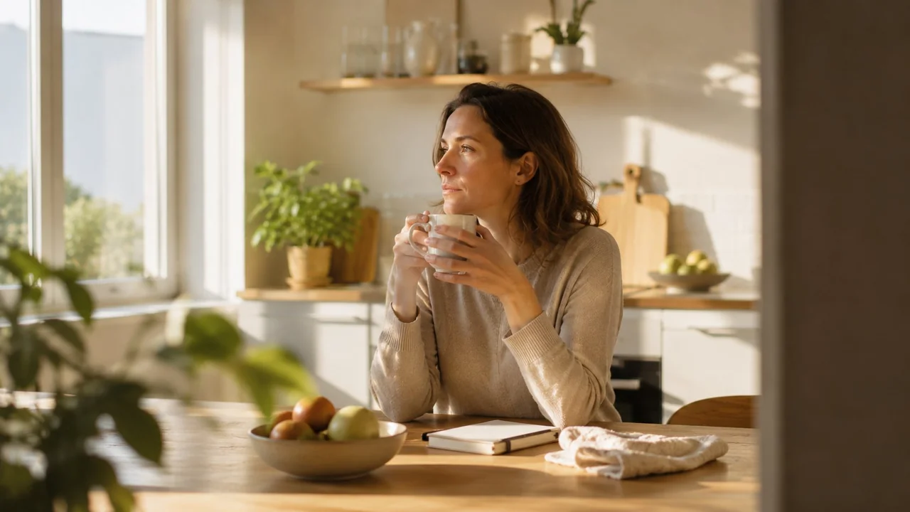 Mujer en cocina soleada reflexionando sobre sus posibilidades de comprar piso