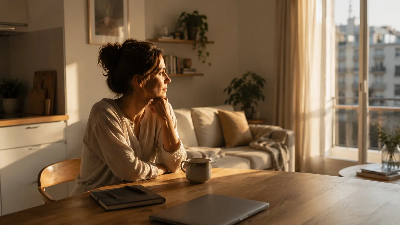 Mujer evaluando sus opciones mientras paga alquiler en apartamento europeo