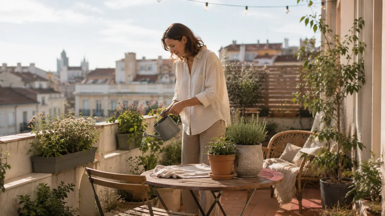Mujer en terraza de apartamento español con ciudad europea al fondo