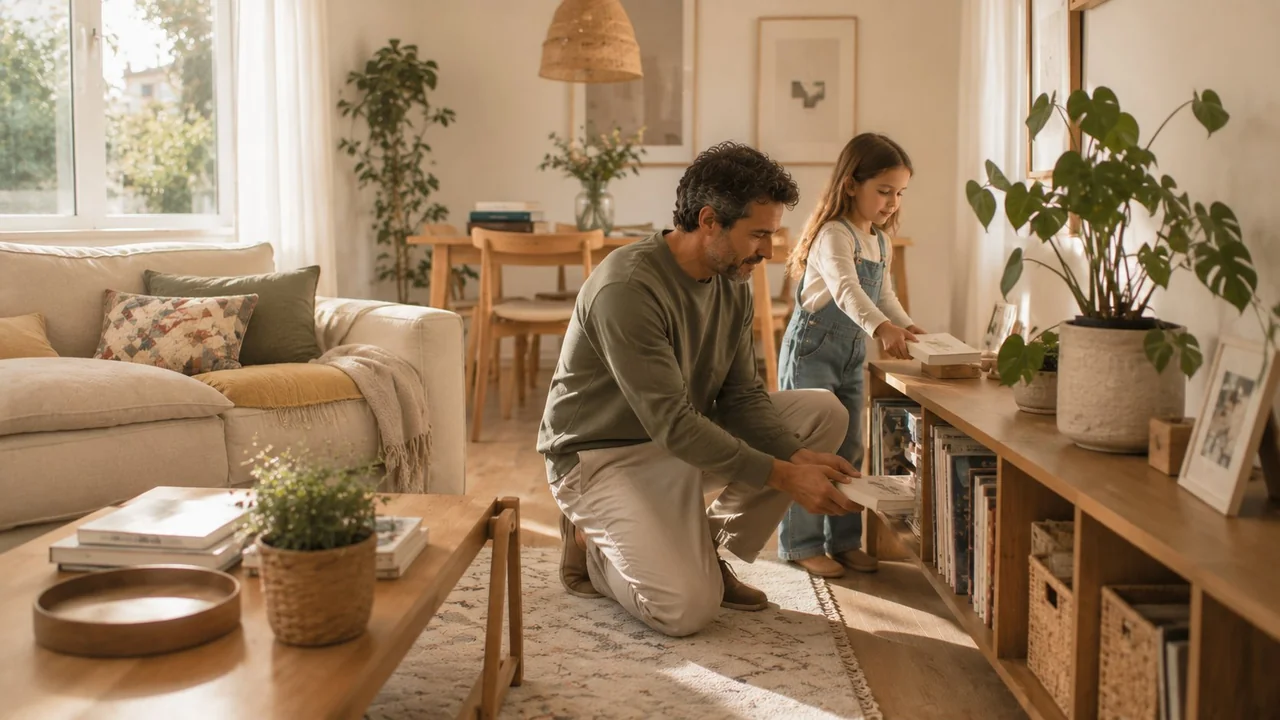 Padre e hija en salón luminoso de apartamento propio representando estabilidad familiar