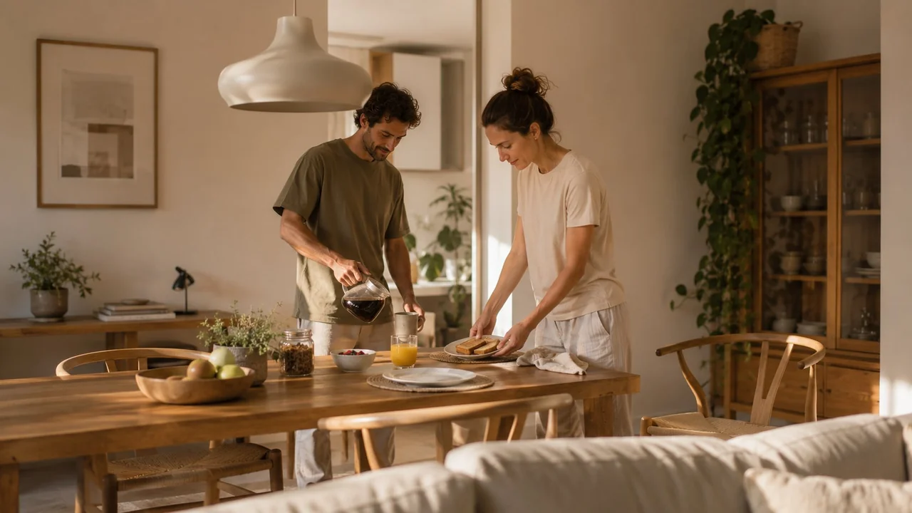 Pareja desayunando juntos en apartamento propio con luz cálida de mañana