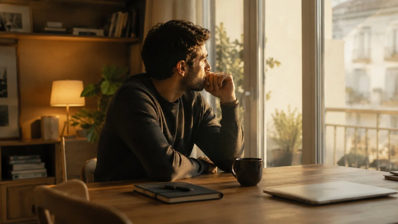Hombre reflexionando sobre sus opciones de vivienda sentado en mesa con café